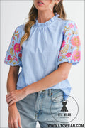 Light blue flower embroidered puff sleeve gingham blouse - light blue / l / 100% cotton - blouses & shirts