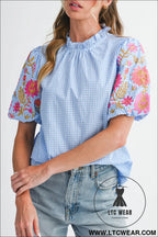 Light blue flower embroidered puff sleeve gingham blouse - light blue / l / 100% cotton - blouses & shirts