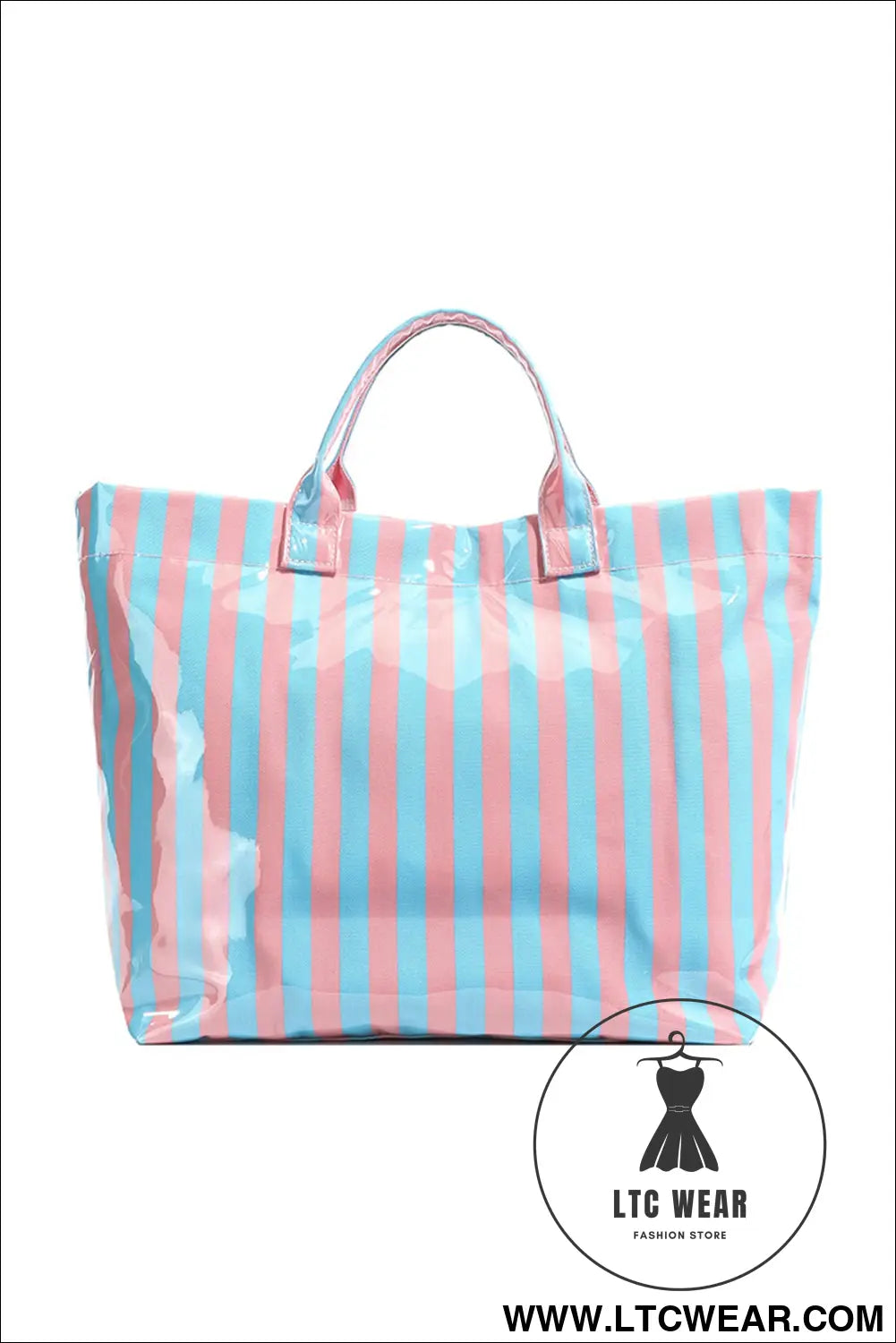 Light blue glossy striped vinyl large tote bag - light blue / one size / 95% pu + 5% alloy - handbags