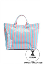 Light blue glossy striped vinyl large tote bag - light blue / one size / 95% pu + 5% alloy - handbags