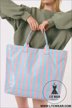 Light blue glossy striped vinyl large tote bag - light blue / one size / 95% pu + 5% alloy - handbags