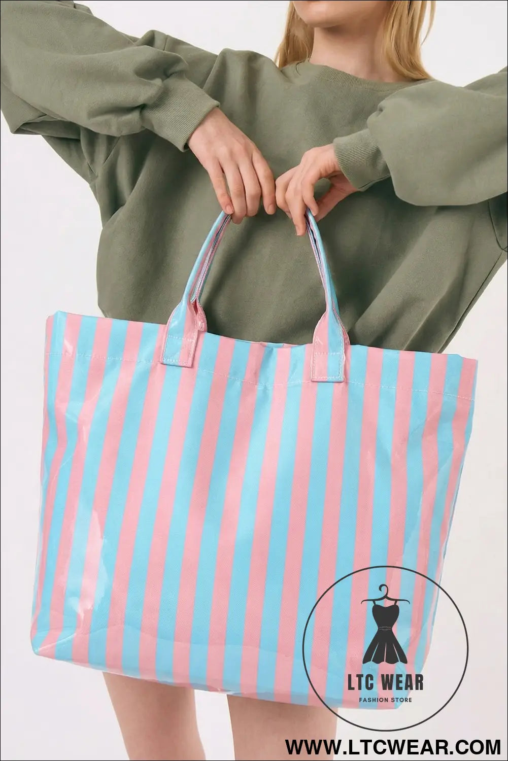 Light blue glossy striped vinyl large tote bag - light blue / one size / 95% pu + 5% alloy - handbags