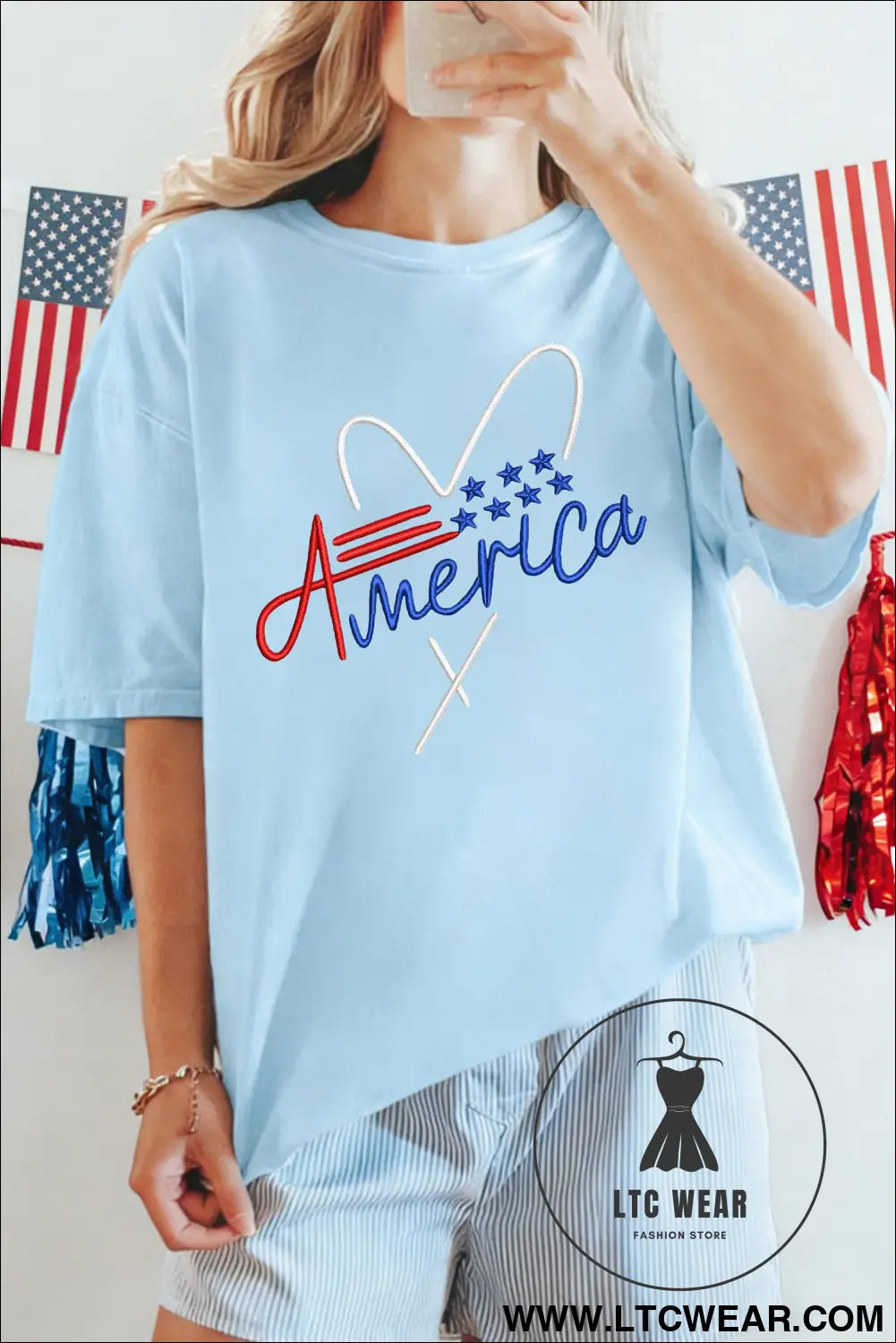 Light blue love america embroidered graphic tee - light blue / 2xl / 62% polyester + 32% cotton + 6% elastane - graphic