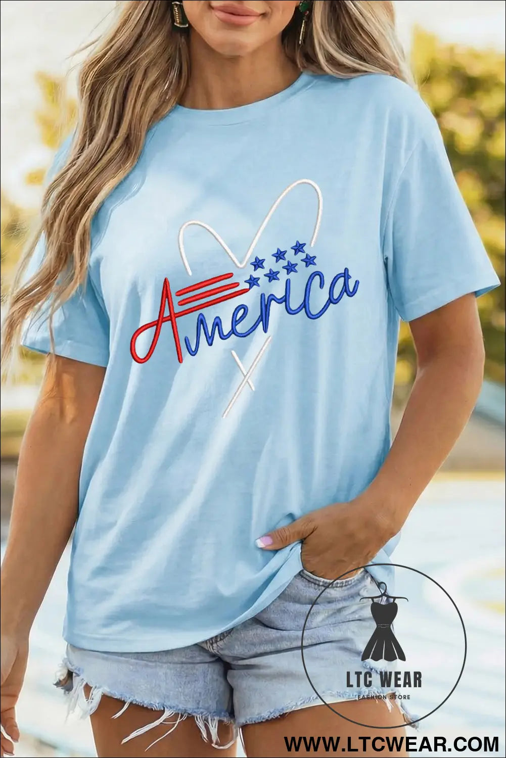 Light blue love america embroidered graphic tee - graphic tees