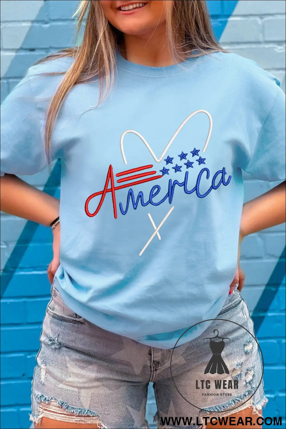 Light blue love america embroidered graphic tee - graphic tees