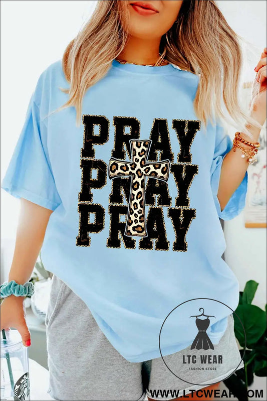 Light Blue PRAY Leopard Cross Graphic Loose Round Neck T Shirt