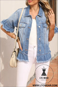 Light blue raw edge ruffled short sleeve denim jacket - light blue / 2xl / 85% cotton + 15% polyester - denim jackets
