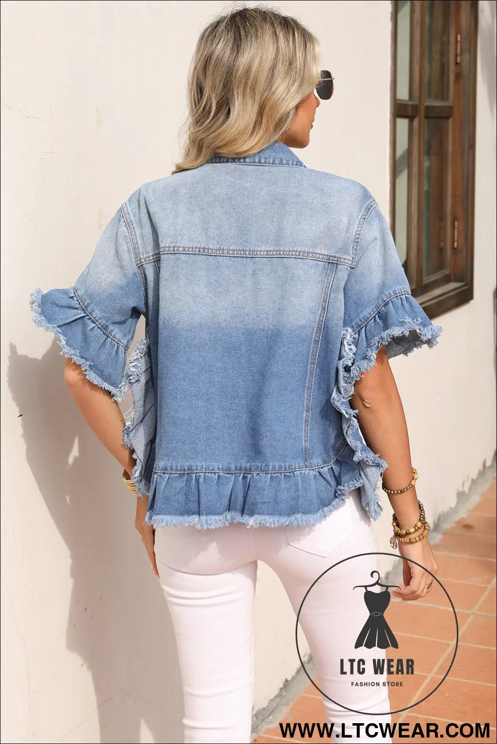 Light blue raw edge ruffled short sleeve denim jacket - denim jackets