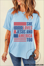 Light blue she loves jesus and america too heat transfer printing patriotic t shirt - graphic tees