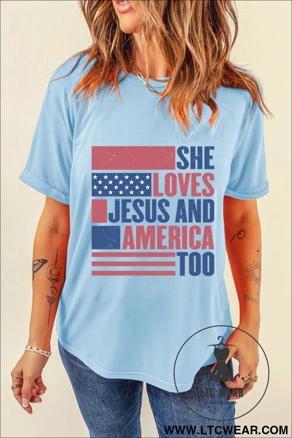 Light blue she loves jesus and america too heat transfer printing patriotic t shirt - graphic tees