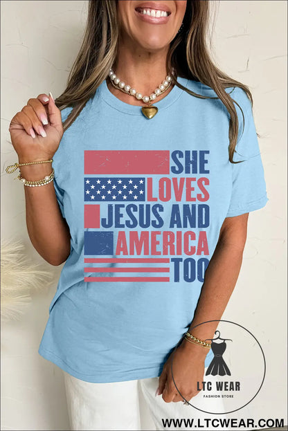 Light blue she loves jesus and america too heat transfer printing patriotic t shirt - graphic tees