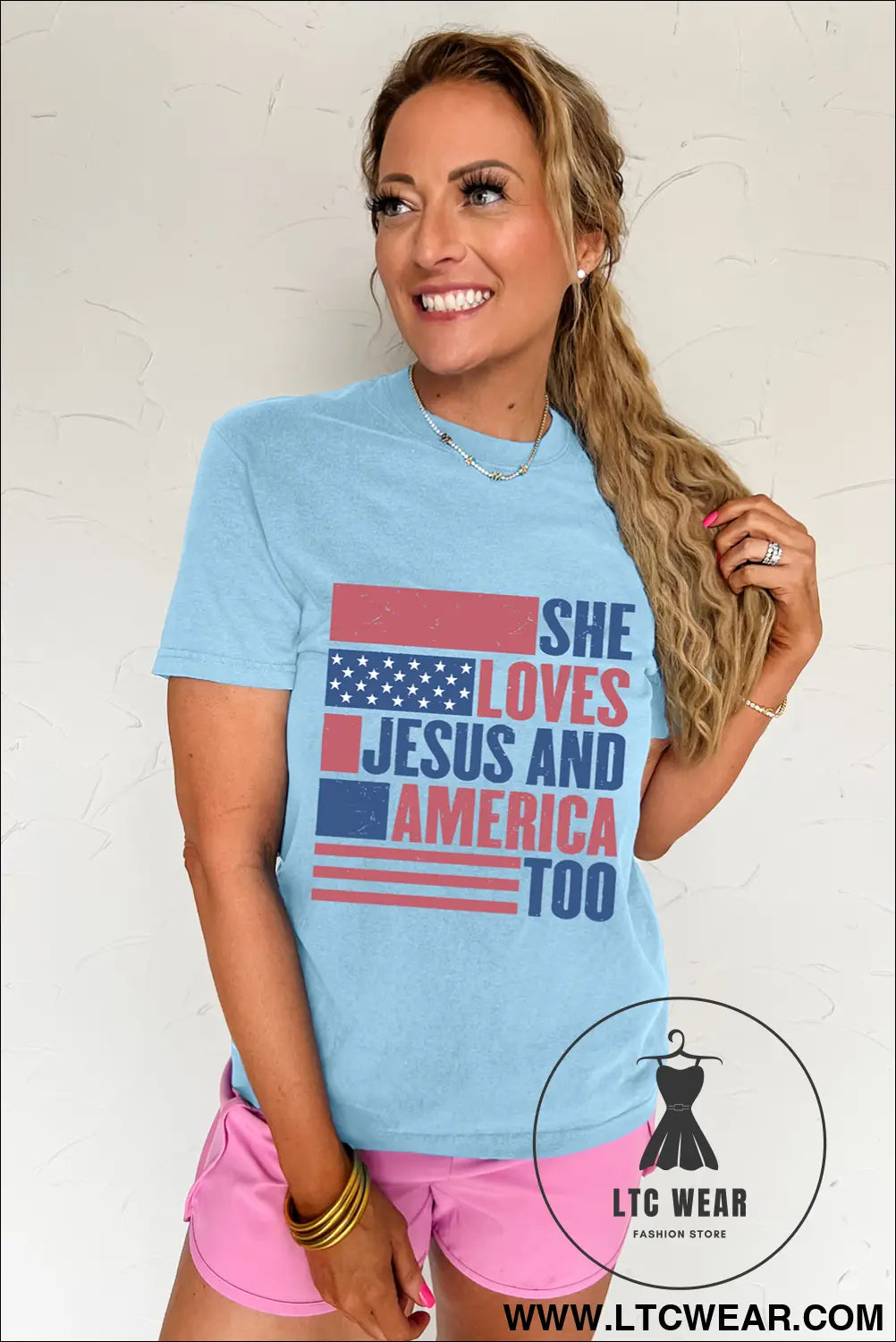 Light blue she loves jesus and america too heat transfer printing patriotic t shirt - graphic tees