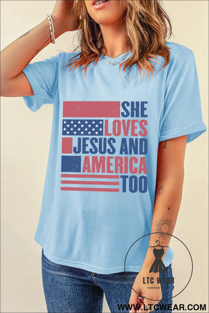 Light blue she loves jesus and america too heat transfer printing patriotic t shirt - graphic tees