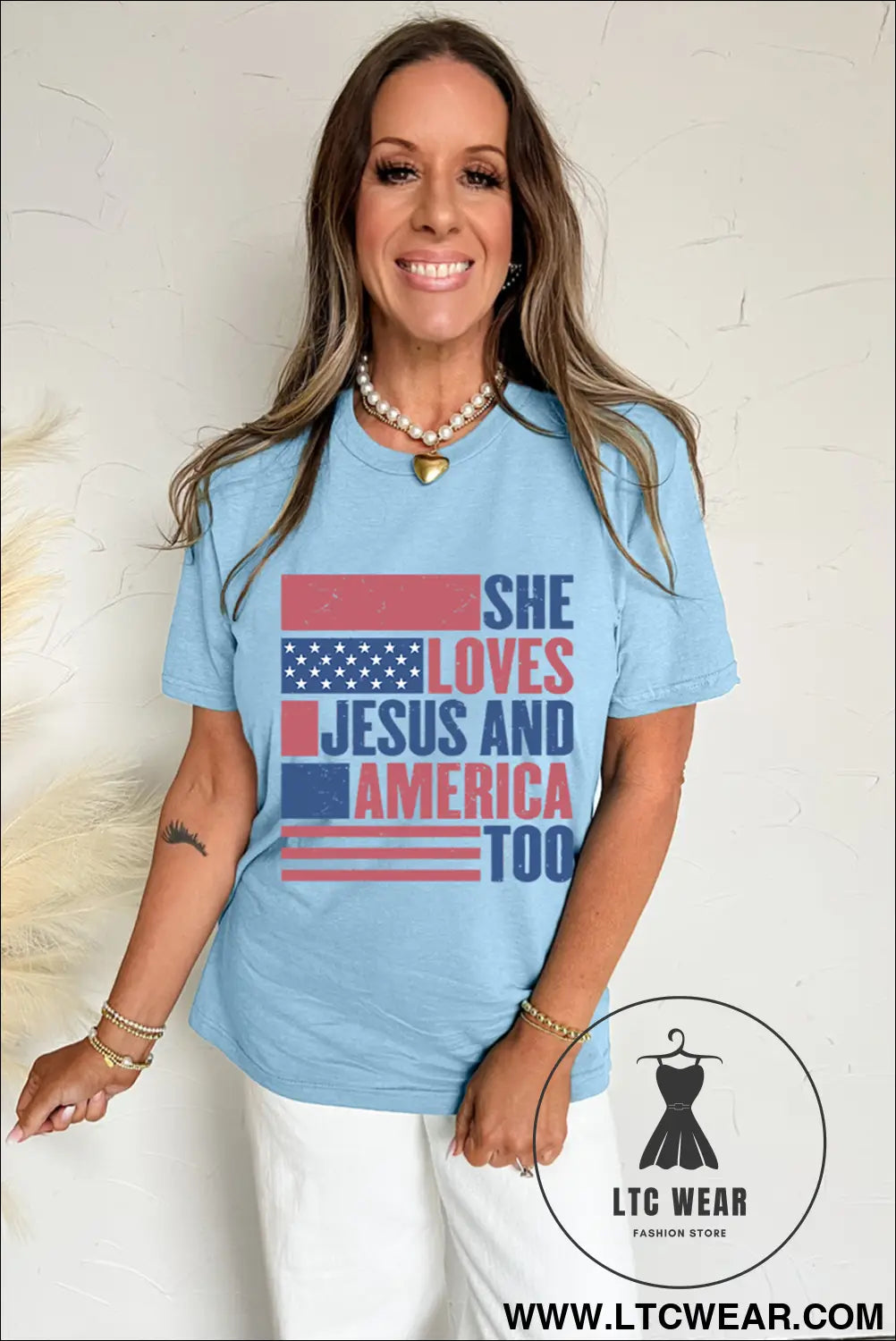 Light blue she loves jesus and america too heat transfer printing patriotic t shirt - graphic tees