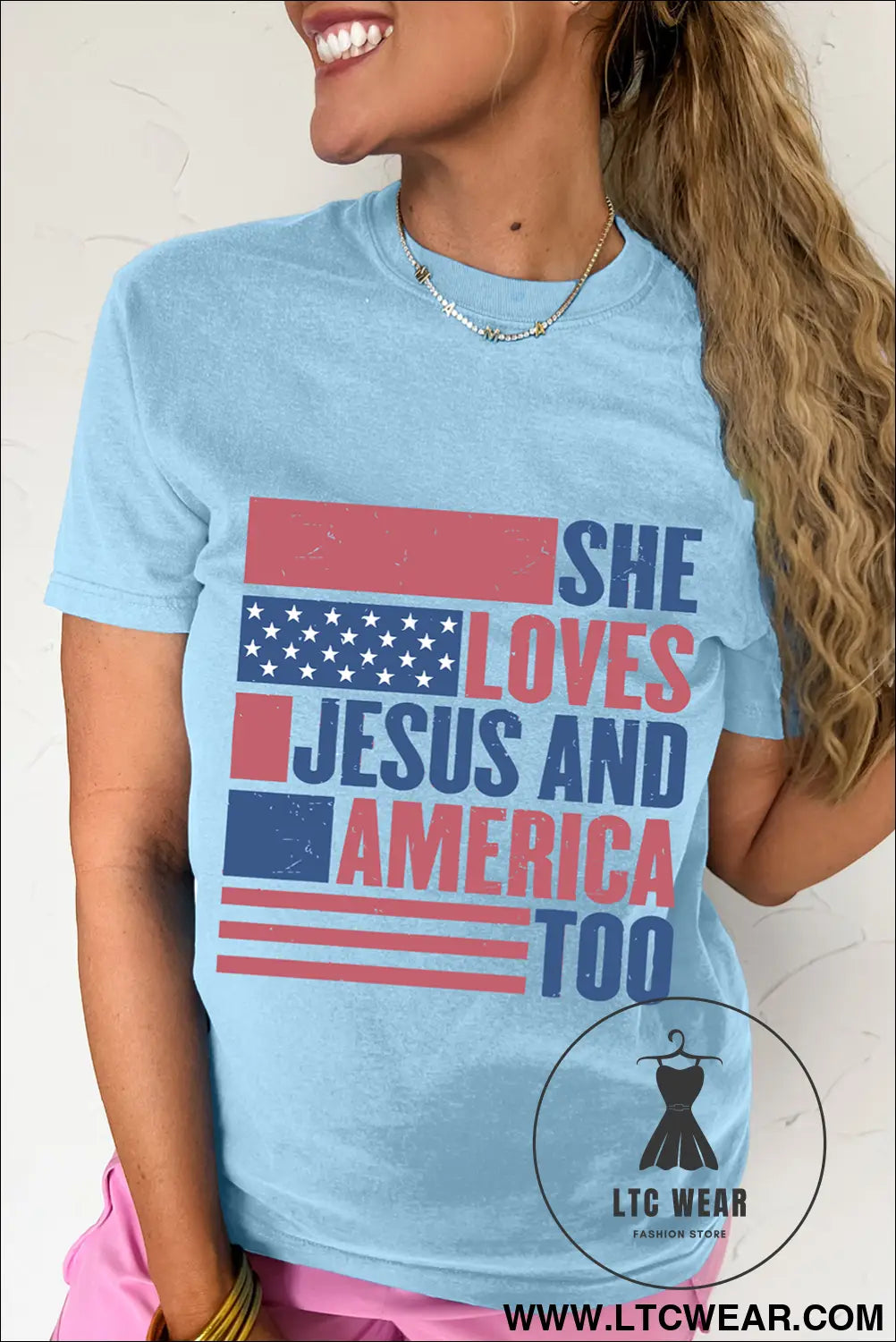 Light blue she loves jesus and america too heat transfer printing patriotic t shirt - graphic tees
