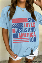 Light blue she loves jesus and america too heat transfer printing patriotic t shirt - light blue / 2xl / 62% polyester