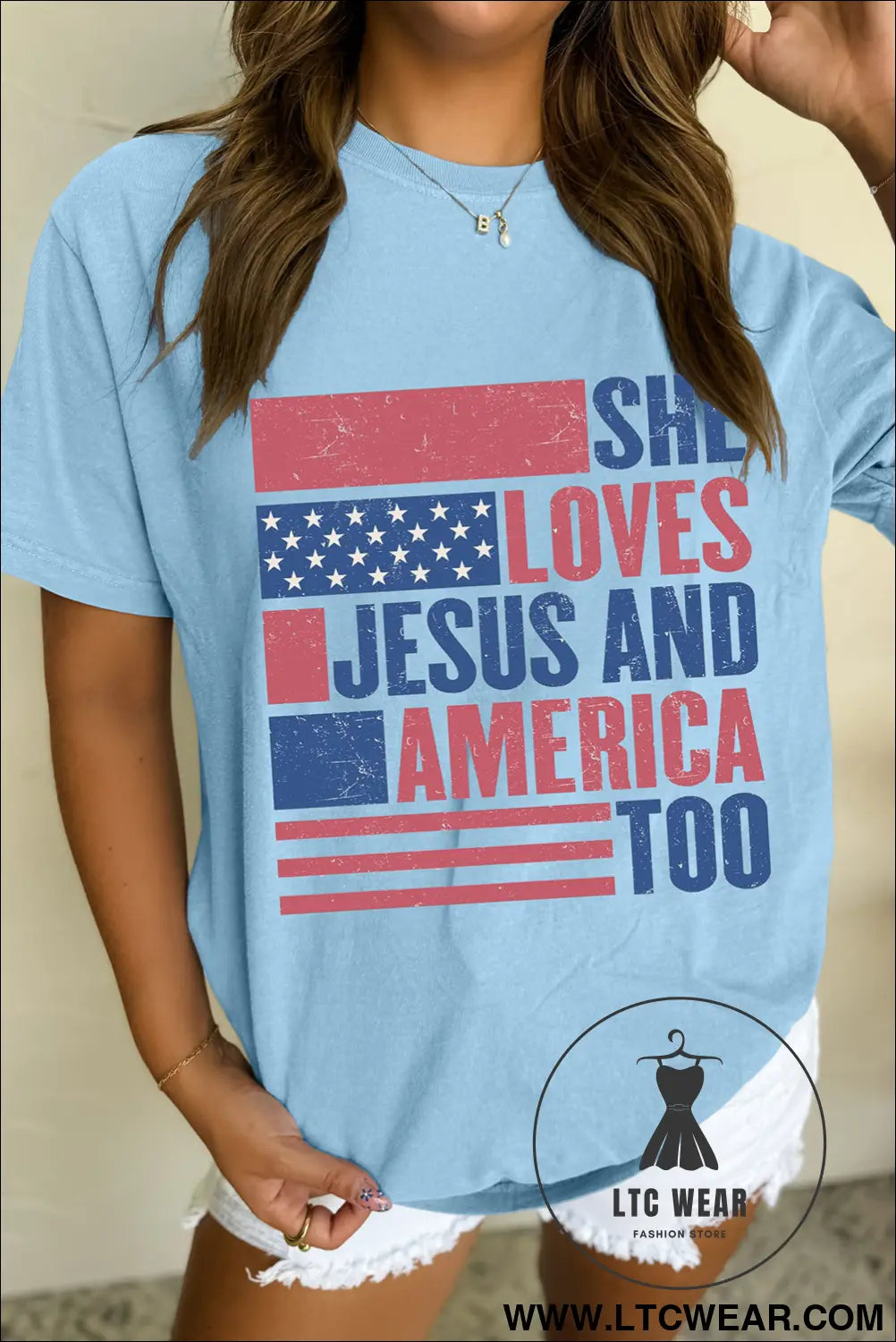 Light blue she loves jesus and america too heat transfer printing patriotic t shirt - light blue / 2xl / 62% polyester