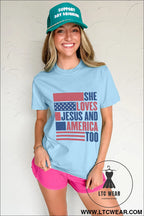 Light blue she loves jesus and america too heat transfer printing patriotic t shirt - graphic tees