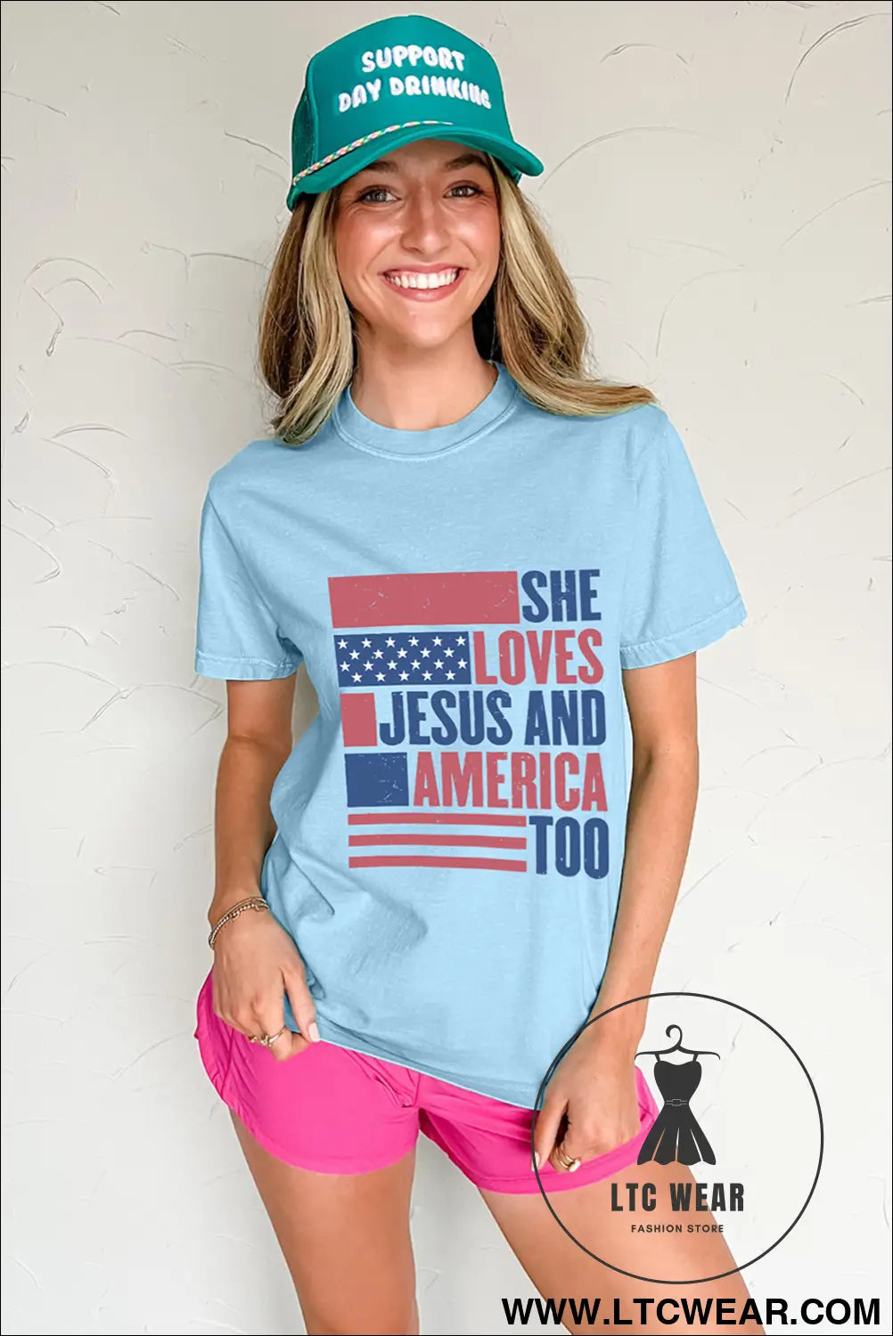 Light blue she loves jesus and america too heat transfer printing patriotic t shirt - graphic tees