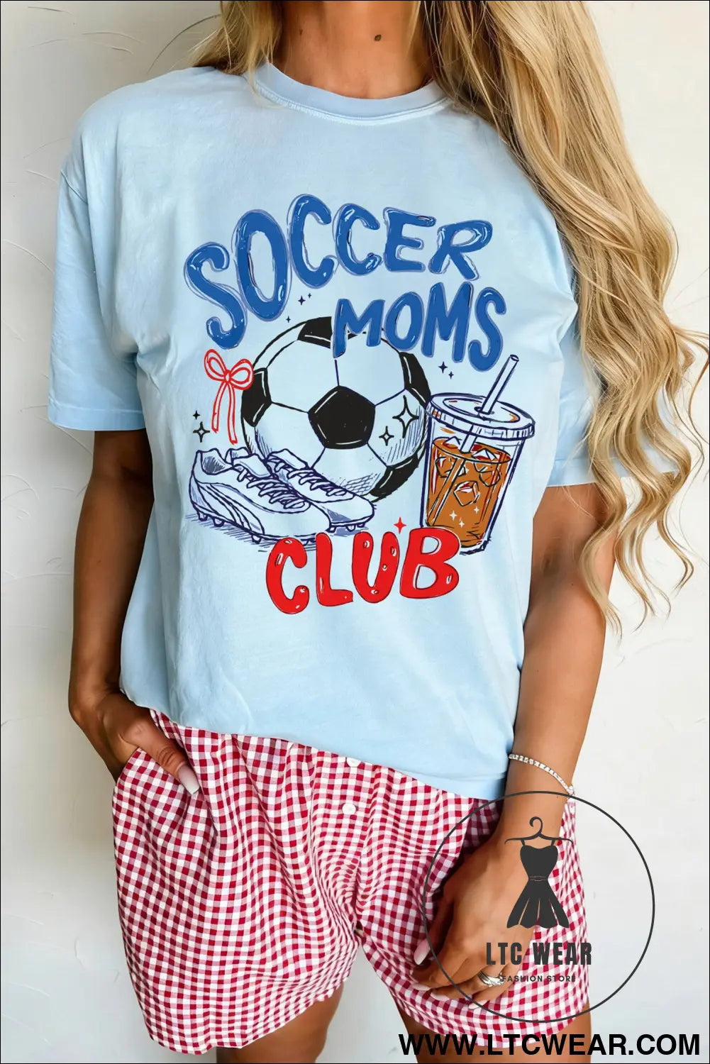 Light blue soccer moms club tee: playful & proud - light blue / s / 62% polyester + 32% cotton + 6% elastane - graphic