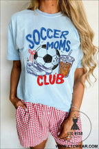 Light blue soccer moms club tee: playful & proud - light blue / s / 62% polyester + 32% cotton + 6% elastane - graphic