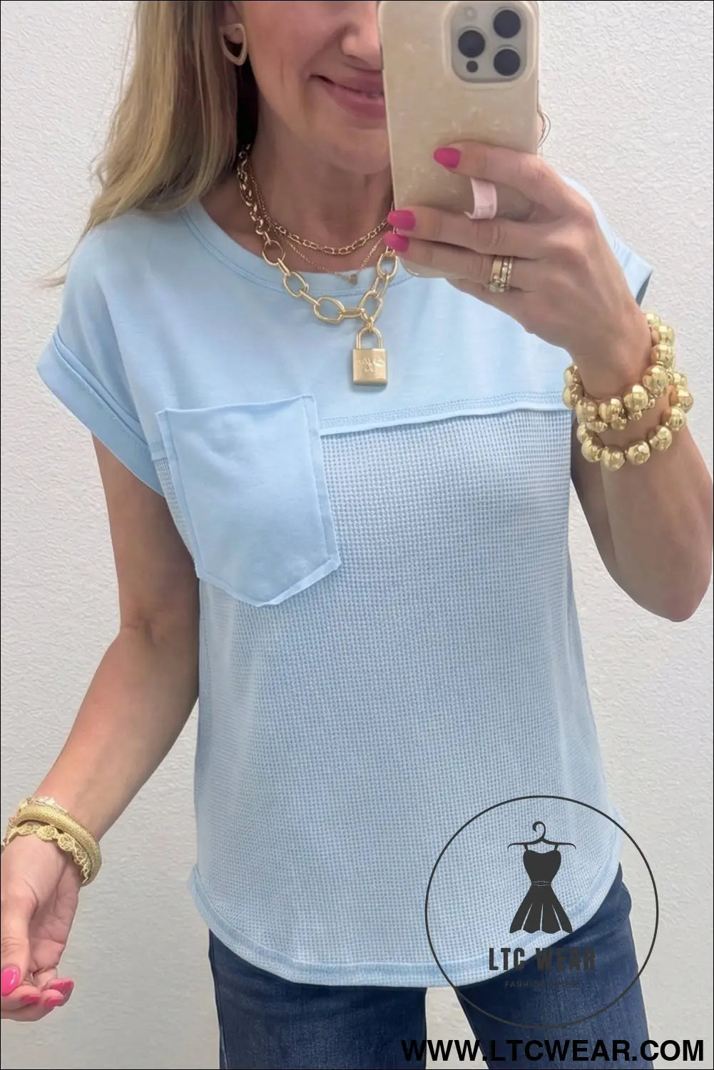 Light blue solid color raw seam waffled patchwork casual t shirt - tops & tees