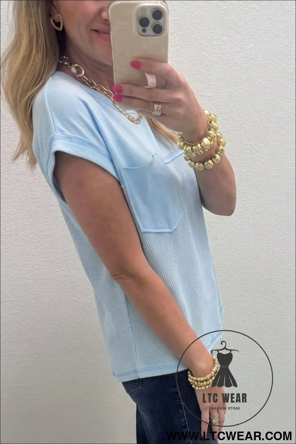 Light blue solid color raw seam waffled patchwork casual t shirt - tops & tees