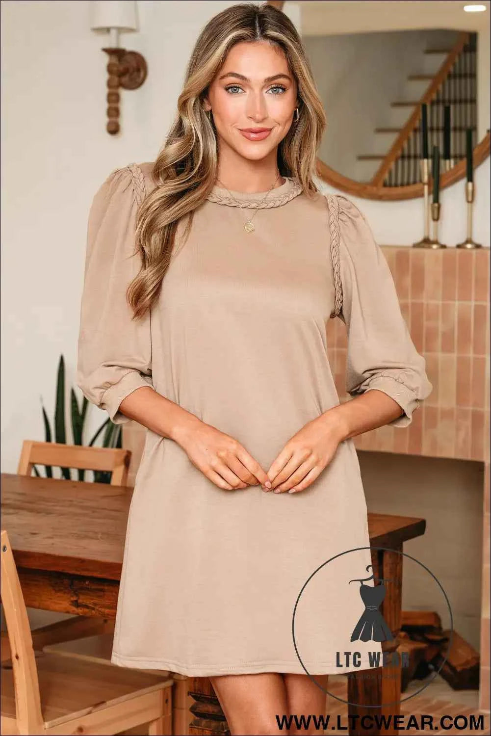 Beige Puff Sleeve Dress with Braided Trim