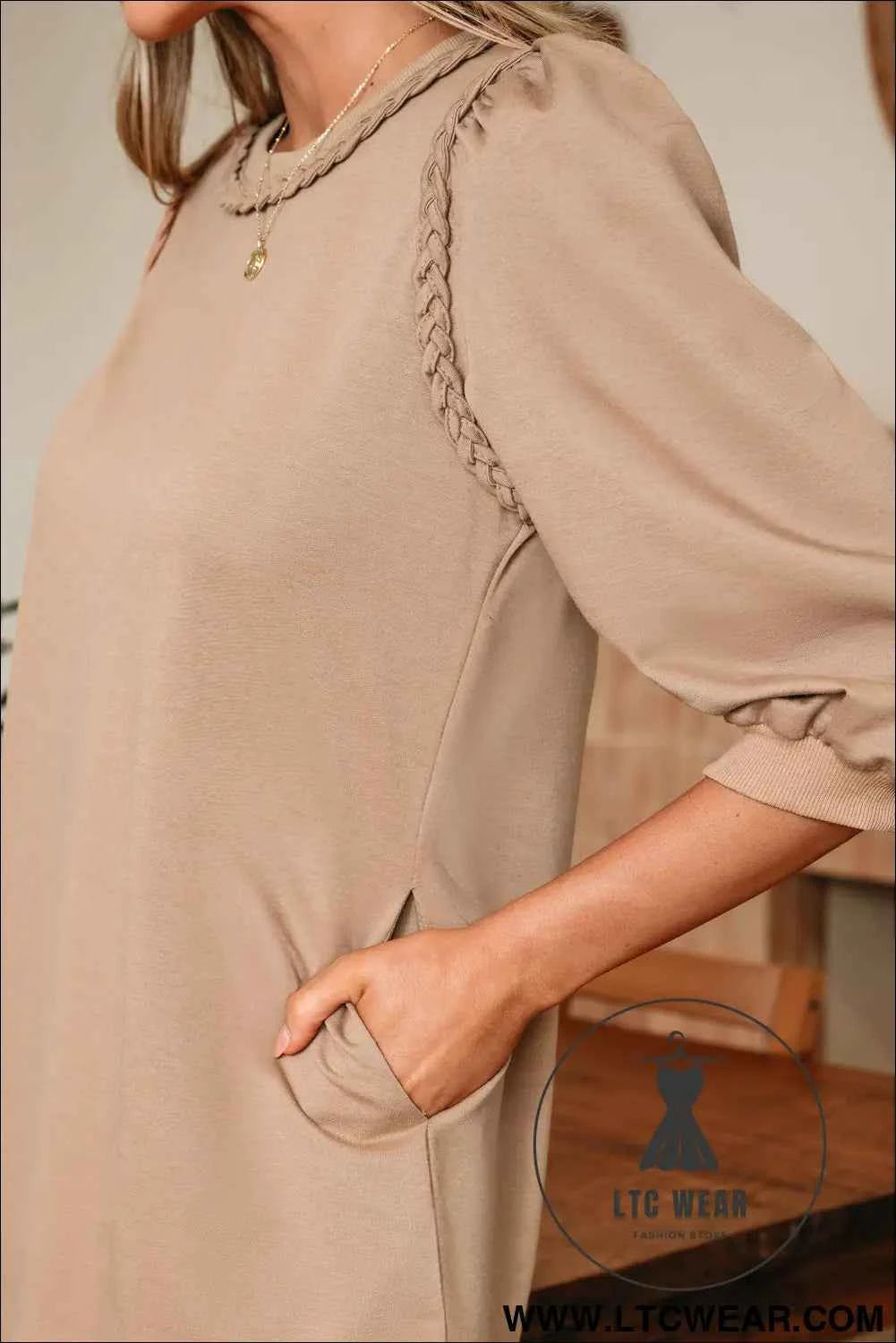Beige Puff Sleeve Dress with Braided Trim