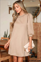 Beige Puff Sleeve Dress with Braided Trim