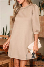 Beige Puff Sleeve Dress with Braided Trim