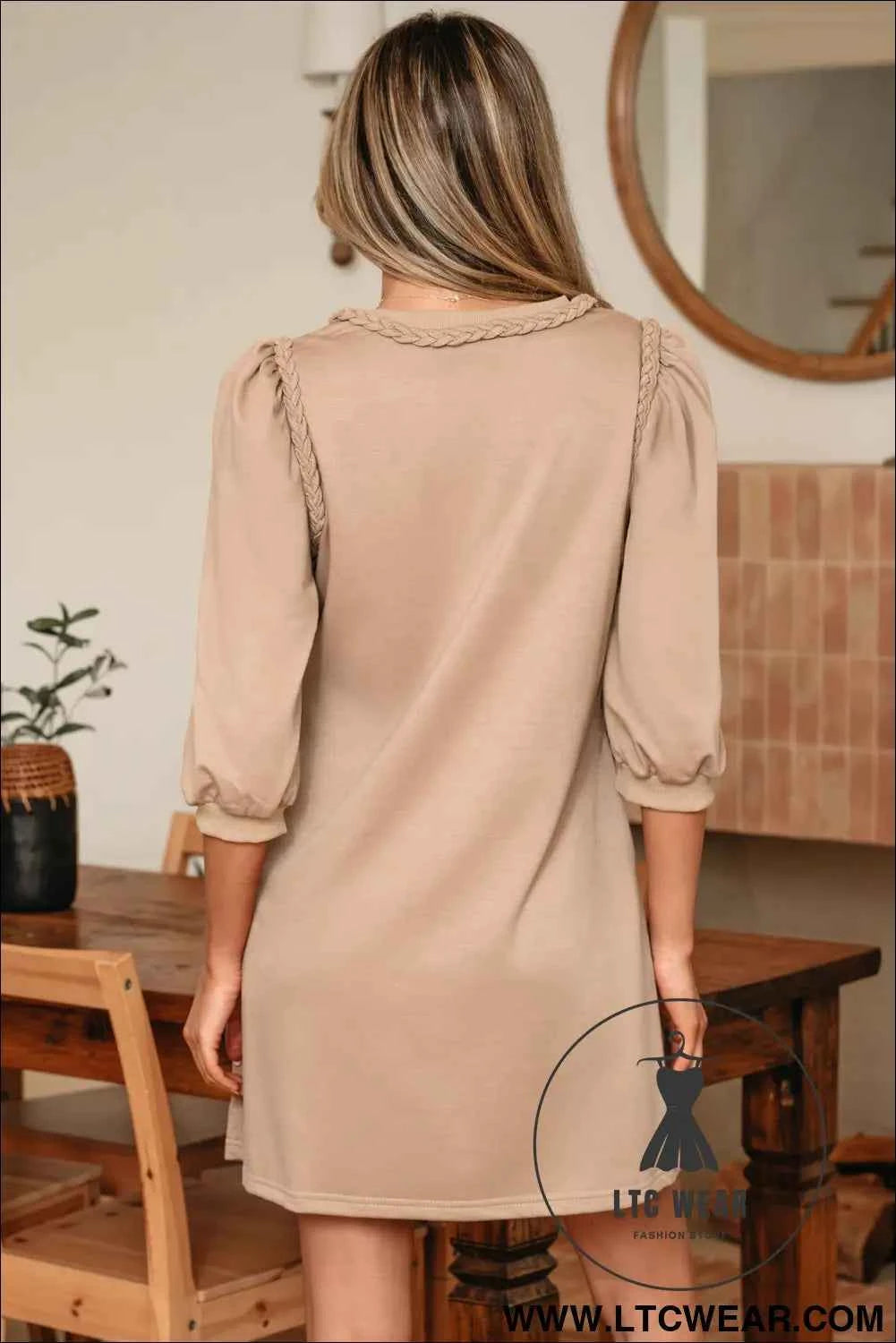 Beige Puff Sleeve Dress with Braided Trim