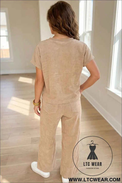 Light French Beige Solid Color Short Sleeve Ribbed Top Casual Pants 2pcs Set