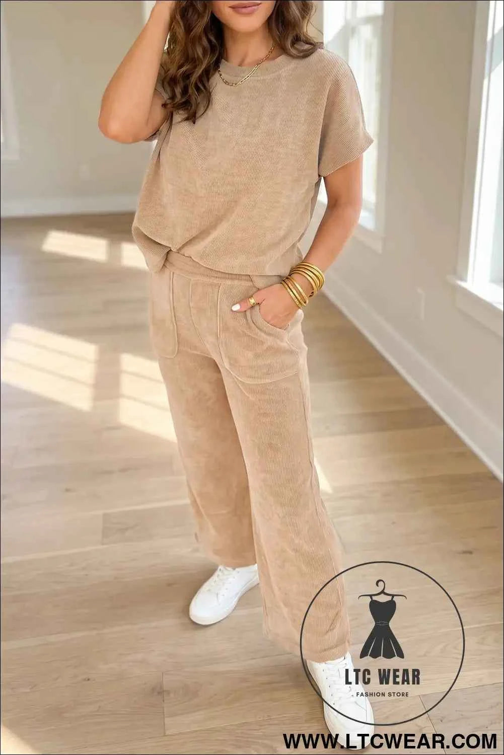 Light French Beige Solid Color Short Sleeve Ribbed Top Casual Pants 2pcs Set