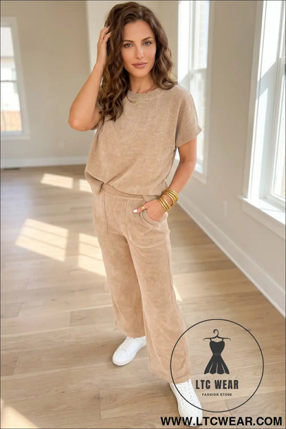 Light french beige solid color short sleeve ribbed top casual pants 2pcs set - pant sets