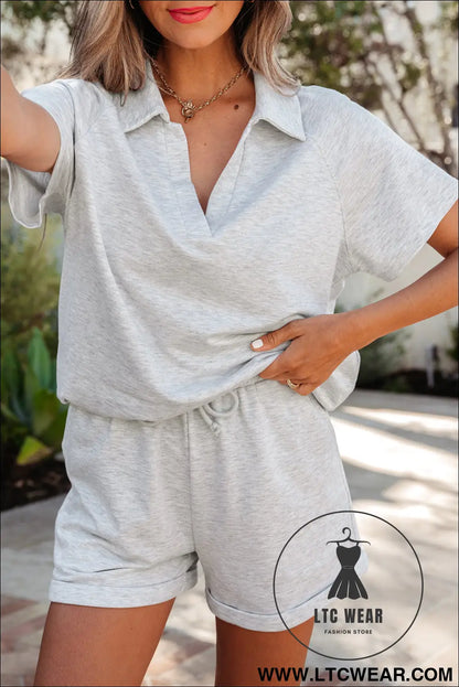 Light Grey Collared V Neck Tee Drawstring Elastic Waist Shorts 2pcs Outfit - L.T.C Wear Online Fashion Store