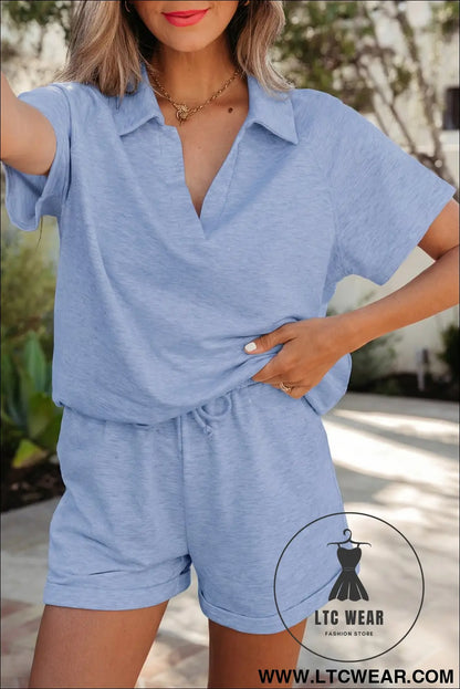 Light Grey Collared V Neck Tee Drawstring Elastic Waist Shorts 2pcs Outfit - L.T.C Wear Online Fashion Store