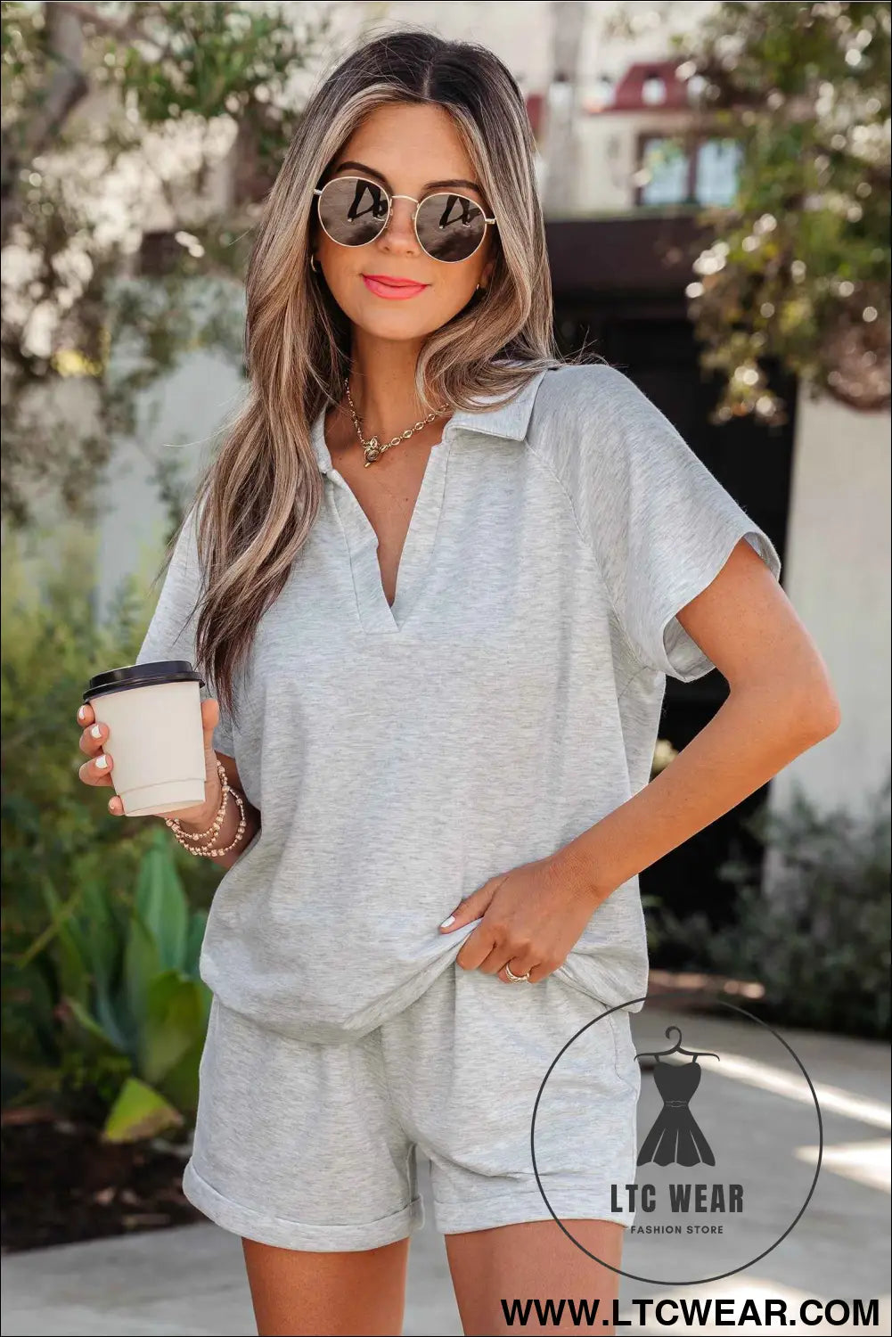 Light Grey Collared V Neck Tee Drawstring Elastic Waist Shorts 2pcs Outfit