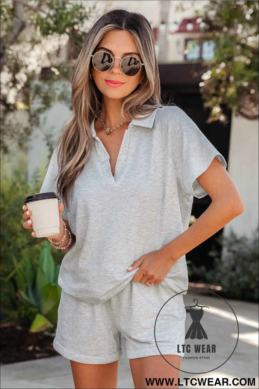 Light Grey Collared V Neck Tee Drawstring Elastic Waist Shorts 2pcs Outfit