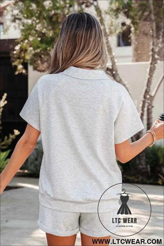 Light Grey Collared V Neck Tee Drawstring Elastic Waist Shorts 2pcs Outfit