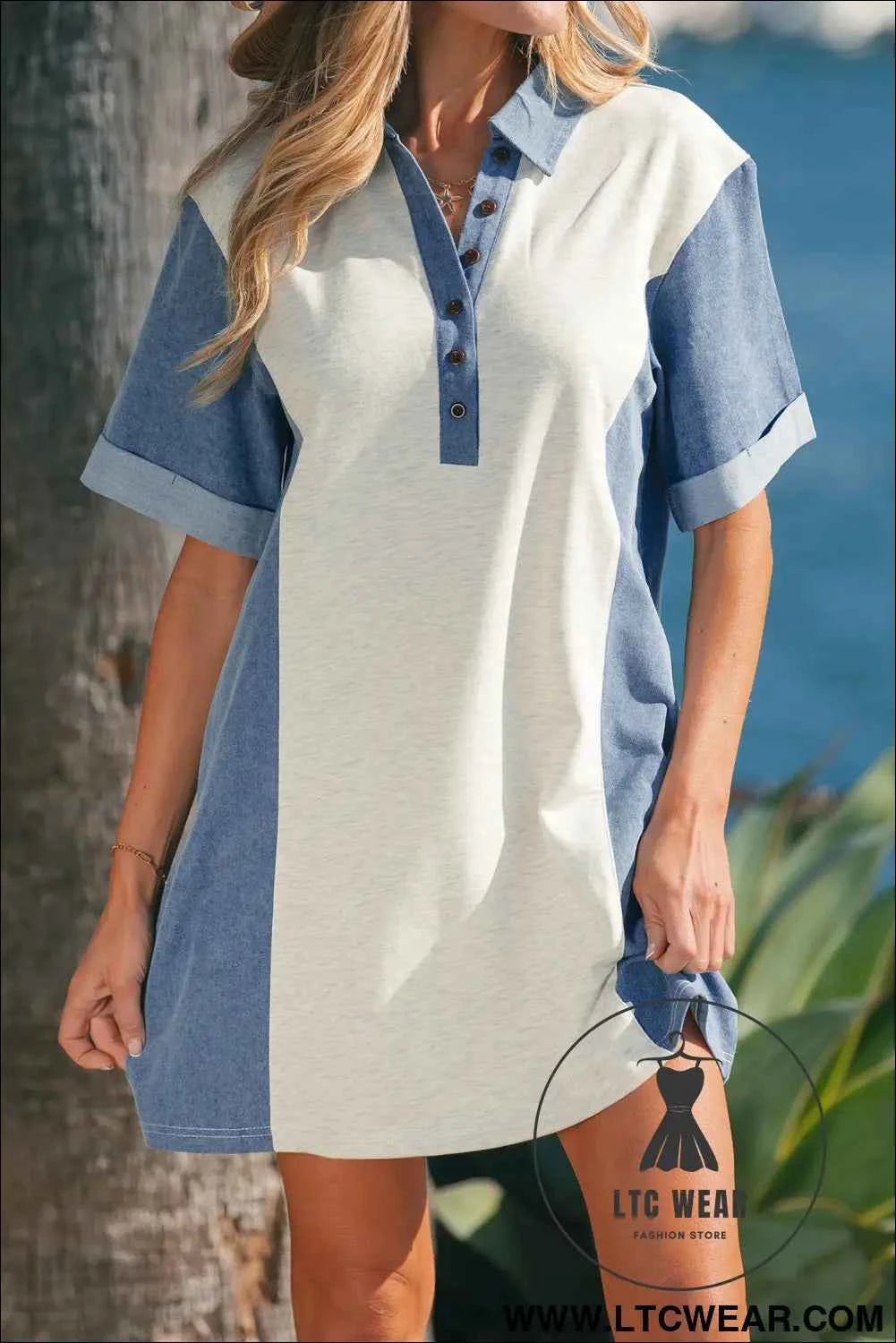 Light Grey Denim Color Block Patchwork Button Polo Collar T Shirt Tunic Dress
