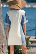 Light Grey Denim Color Block Patchwork Button Polo Collar T Shirt Tunic Dress