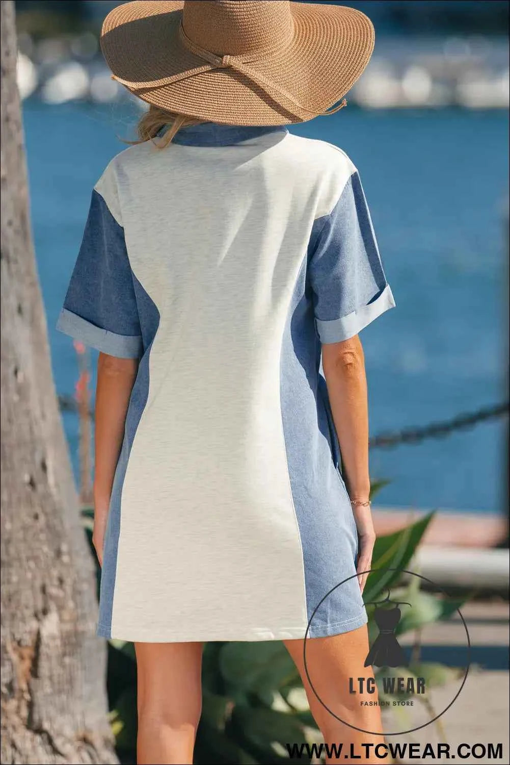 Light Grey Denim Color Block Patchwork Button Polo Collar T Shirt Tunic Dress