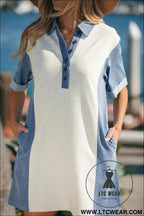 Light Grey Denim Color Block Patchwork Button Polo Collar T Shirt Tunic Dress