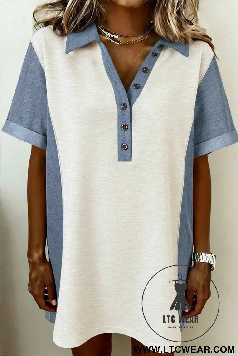 Light Grey Denim Color Block Patchwork Button Polo Collar T Shirt Tunic Dress