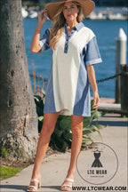 Light Grey Denim Color Block Patchwork Button Polo Collar T Shirt Tunic Dress