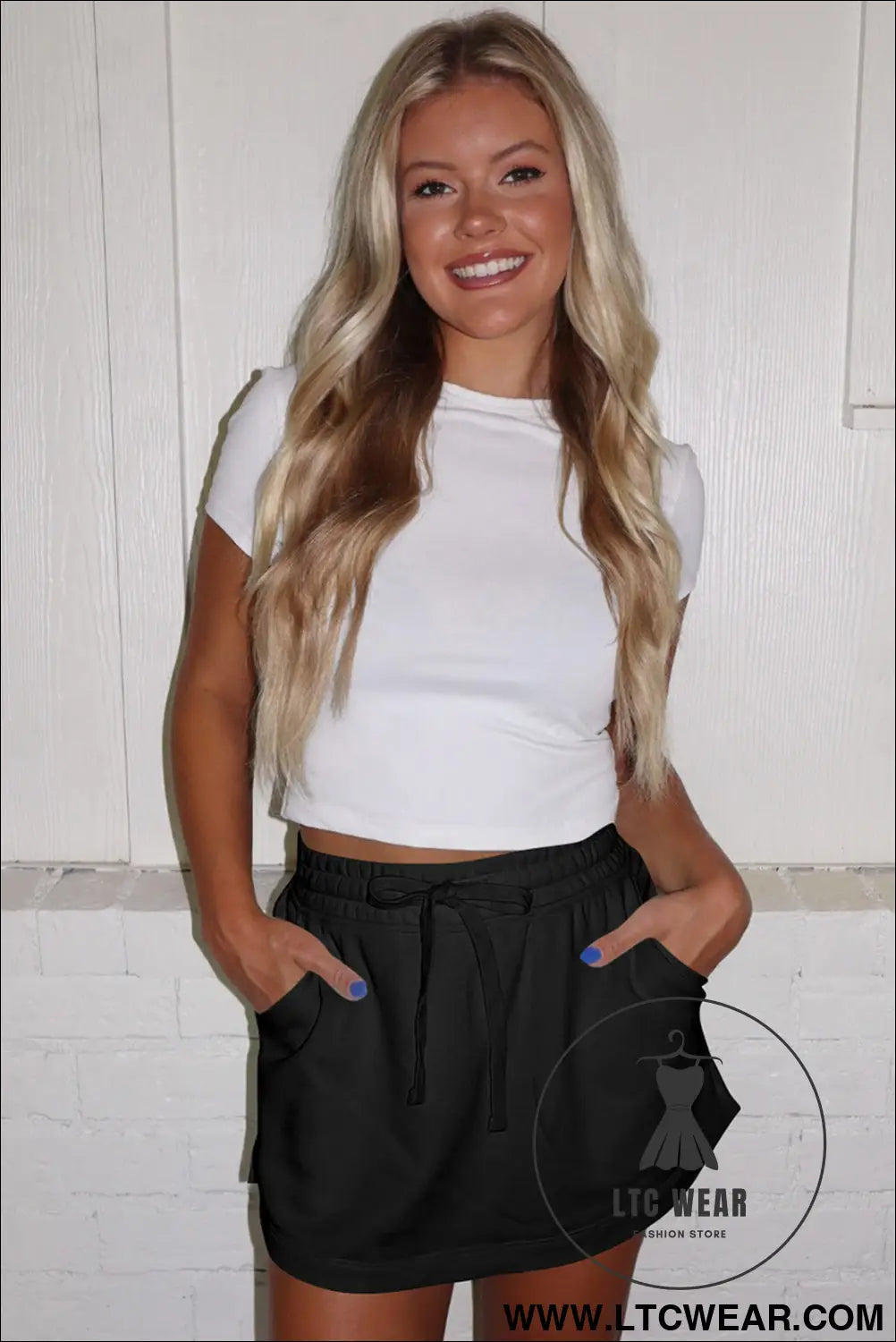 Light Grey French Terry Drawstring Mini Skort with Pockets - L.T.C Wear Online Fashion Store