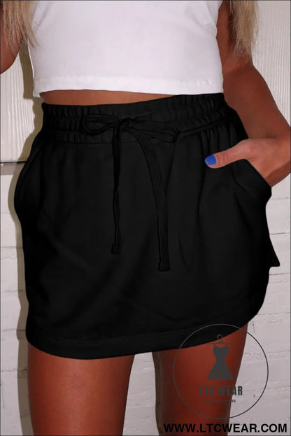 Light Grey French Terry Drawstring Mini Skort with Pockets - L.T.C Wear Online Fashion Store