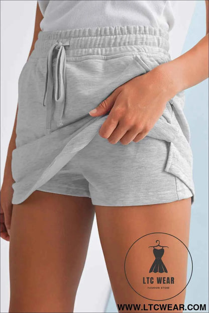 Light Grey French Terry Drawstring Mini Skort with Pockets