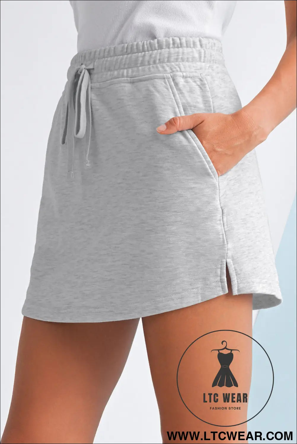 Light Grey French Terry Drawstring Mini Skort with Pockets - L.T.C Wear Online Fashion Store